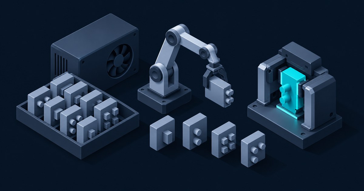 Isometric dark scene of a robotic arm picking sample blocks from a tray of candidates, lined up and fed into a glowing cyan test fixture, evoking pass@k sampling